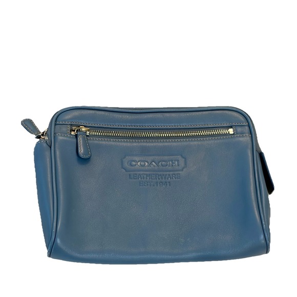 Coach Handbags - COACH Vintage BLUE LEATHER Bag COSMETIC Case POUCH Utility Bag Lined Zip Travel